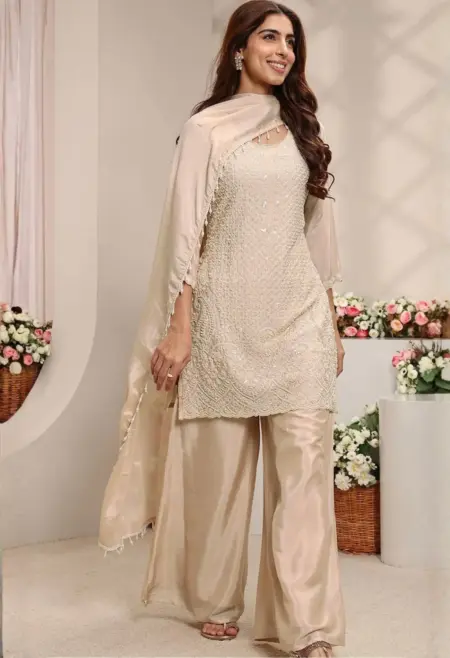 Memsaab Graceful Cream Embroidered Sharara Set