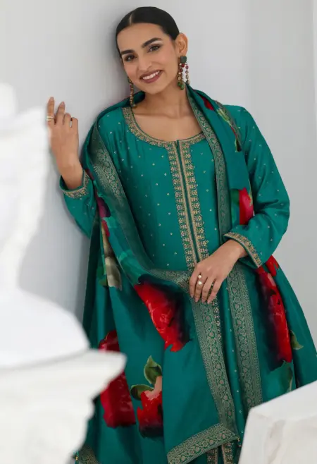 Memsaab Graceful Green Embroidered Silk Blend Anarkali Suit Set