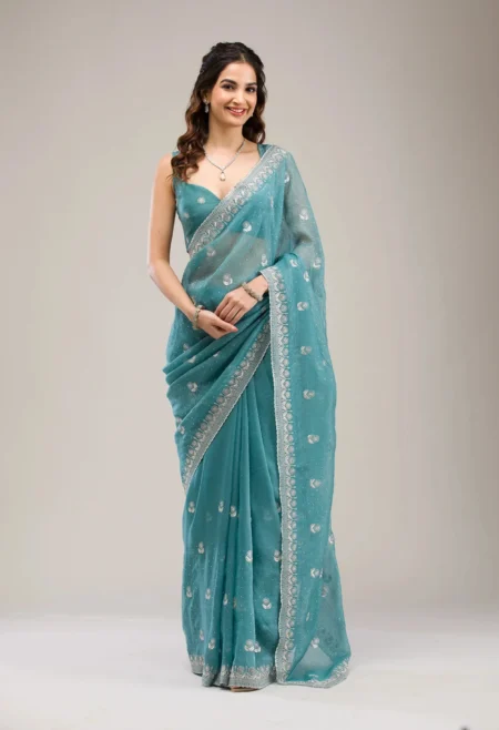 Memsaab Graceful Sea Green Zariwork Tissue Saree