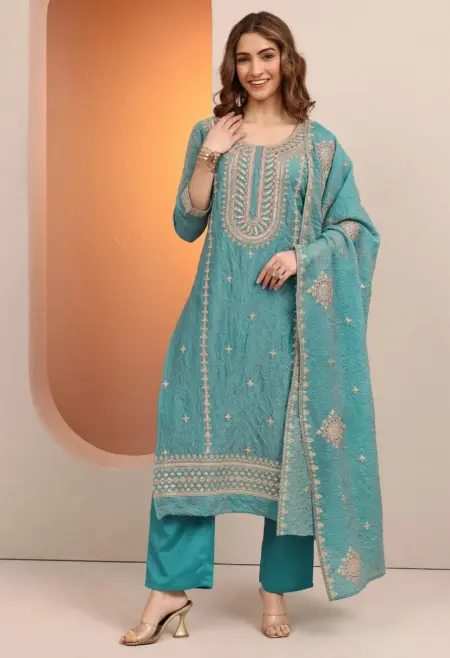 Memsaab Graceful Teal Embroidered Chinon Suit Set With Dupatta
