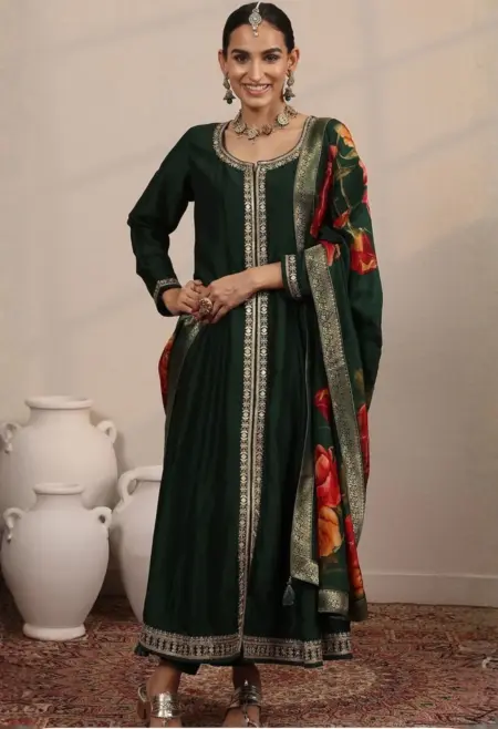 Memsaab Green Gold Embroidered Anarkali Set