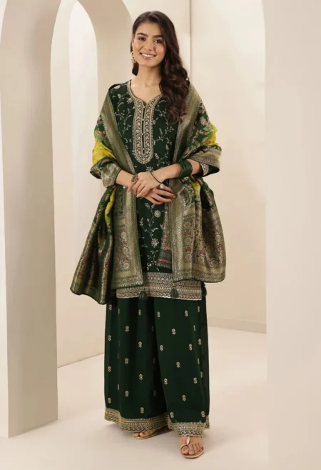 Memsaab Green & Pink Embroidered Kurta Sharara Set