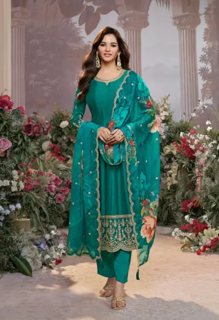 Memsaab Green Vichitra Silk Anarkali Set