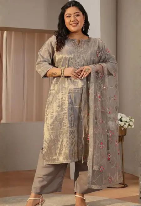 Memsaab Grey Woven Silk Blend Palazzo Set
