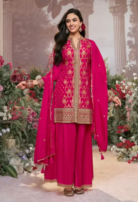 Memsaab Hot Pink Chinon Jacquard Kurta Set