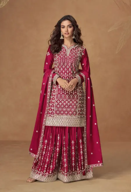 Memsaab Hot Pink Chinon Sequin Sharara Set