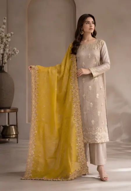 Memsaab Ivory Embroidered Crepe Suit Set
