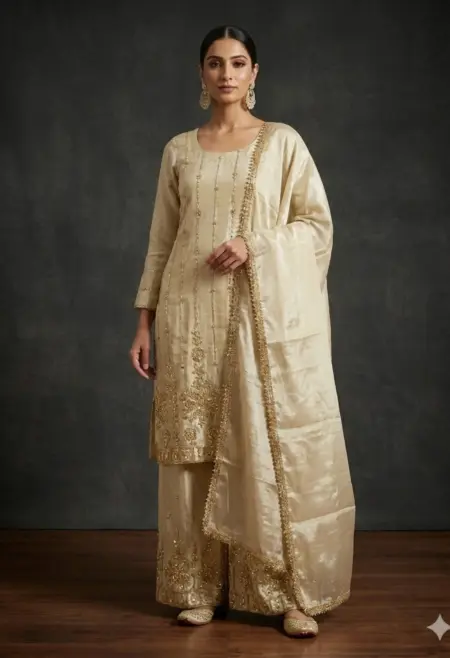 Memsaab Ivory Gold Zari Embroidered Sharara Set