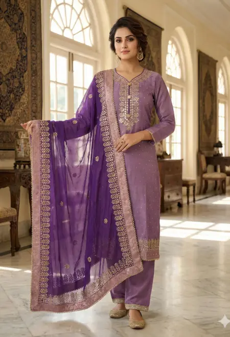 Memsaab Lavender Silk Gotta Patti Kurta Set