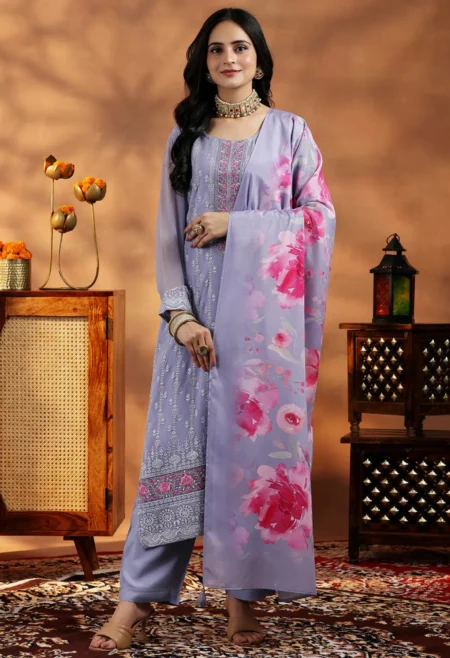 Memsaab Lavender Thread Work Kurta Set with trousers and embroidery