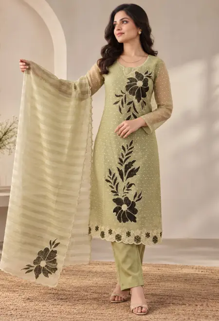 Memsaab Light Sage Green Floral Kurta Set
