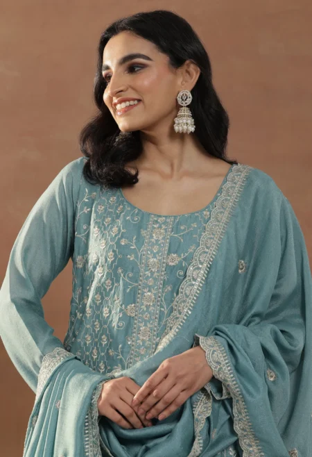 Memsaab Luxe Blue Scoop Neck Sequinned Kurta Set