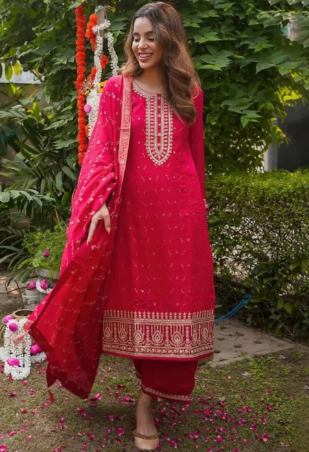 Memsaab Luxe Magenta Embroidered Kurta Set with zari detail and matching palazzos for festive wear