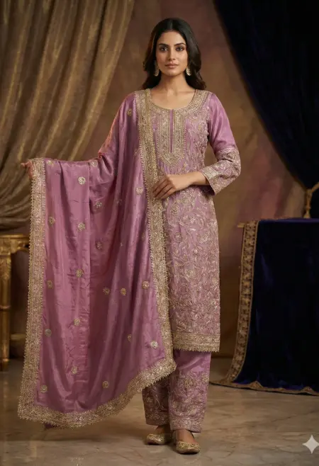 Memsaab Luxe Mauve Crepe Embroidered Suit Set