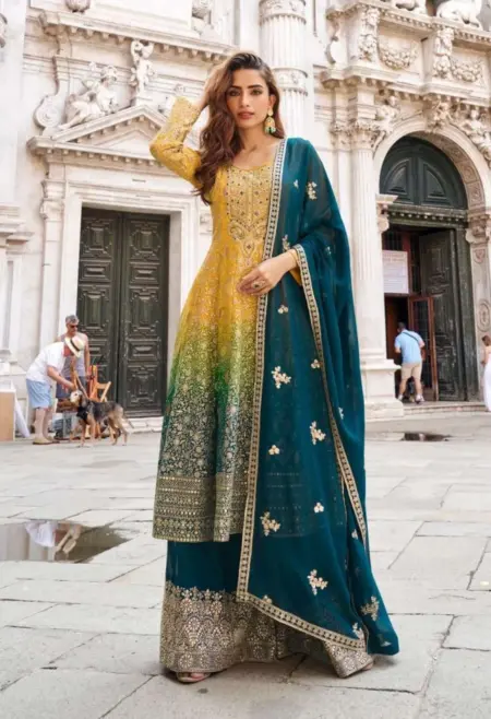 Memsaab Luxe Mustard Green Ombre Embroidered Chinon Sharara Set