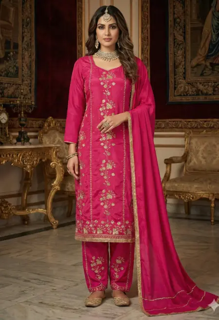 Memsaab Luxe Pink Crepe Embroidered Suit Set