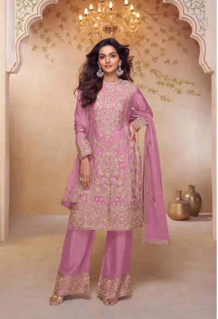Memsaab Luxe Rose Pink Embroidered Chinon Suit Set