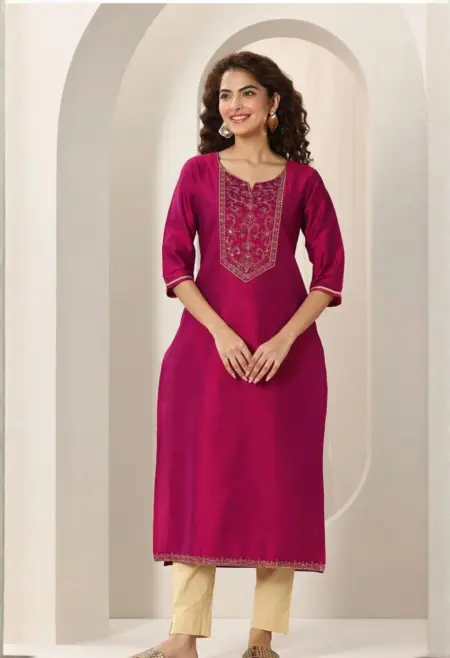 Memsaab Magenta Floral Yoke Silk Kurta