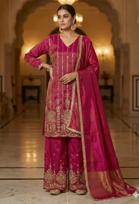 Memsaab Magenta Hand Embroidered Crepe Sharara Set