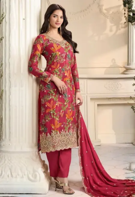 Memsaab magenta pink dola silk digital print kurta set with embroidered dupatta festive wear New Zealand