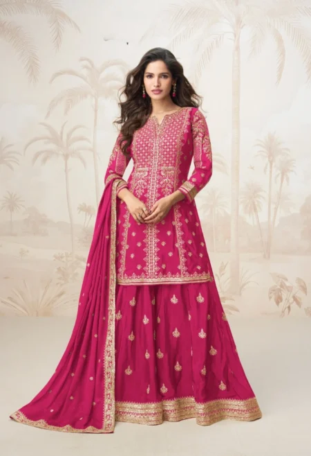 Memsaab Magenta Pink Embroidered Kurta Sharara Set