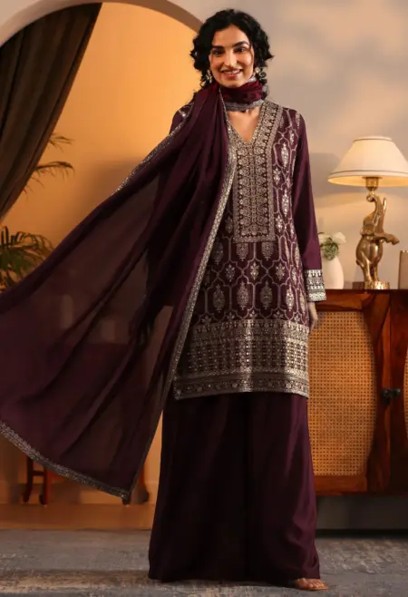 Memsaab Maroon Embroidered Silk Blend Sharara Set