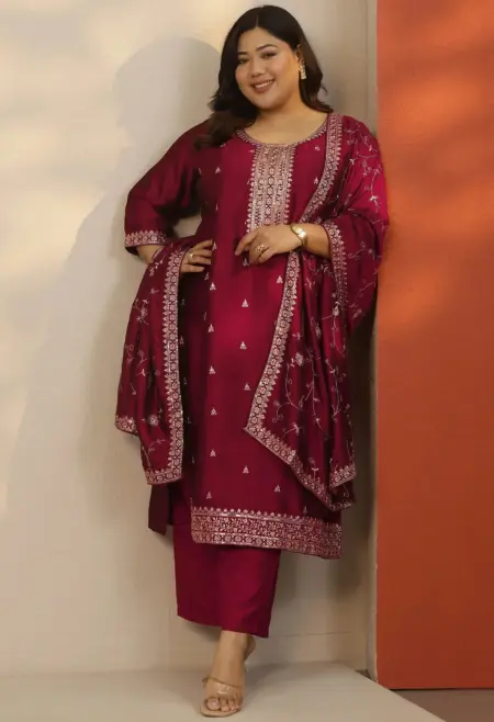 Memsaab Maroon Embroidered Silk Blend Suit Set
