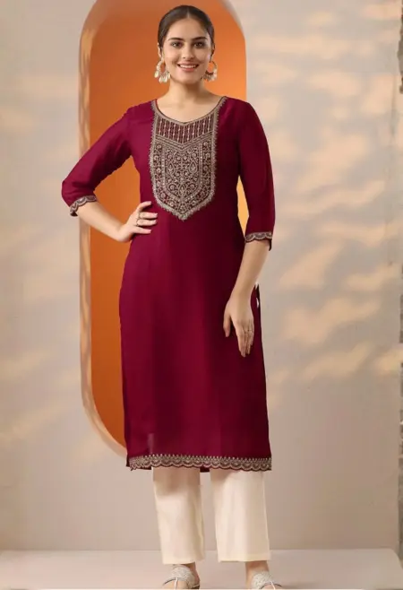 Memsaab Maroon Ethnic Motifs Embroidered Silk Kurta