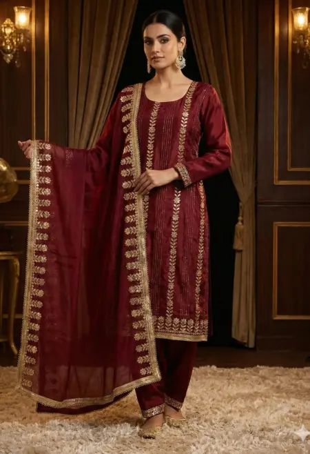 Memsaab Maroon Gold Embroidered Crepe Suit Set