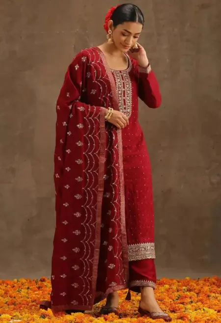Memsaab Maroon Gold Embroidered Trouser Suit