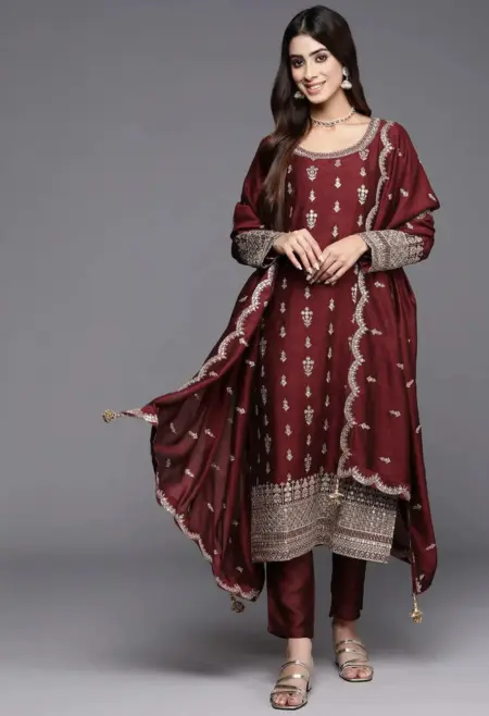 Memsaab Maroon Gold Zari Embroidered Suit Set