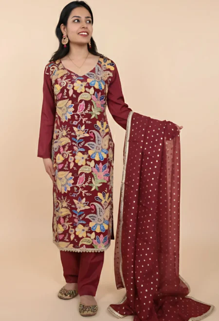 Memsaab Maroon Multicolour Embroidered Kurta Set