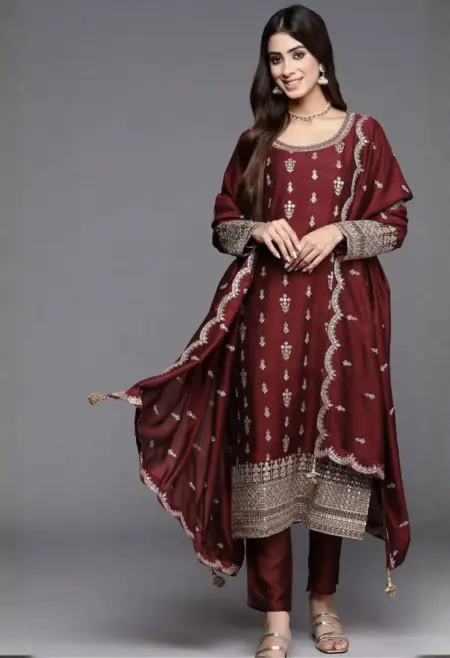 Memsaab Maroon Zari Floral Embroidered Kurta Set