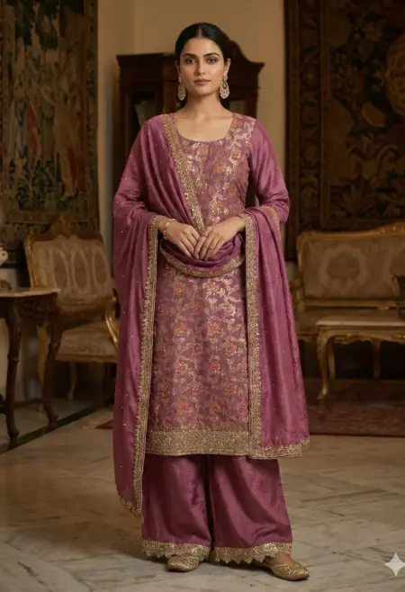 Memsaab Mauve Kheen Khaab Embroidered Suit Set