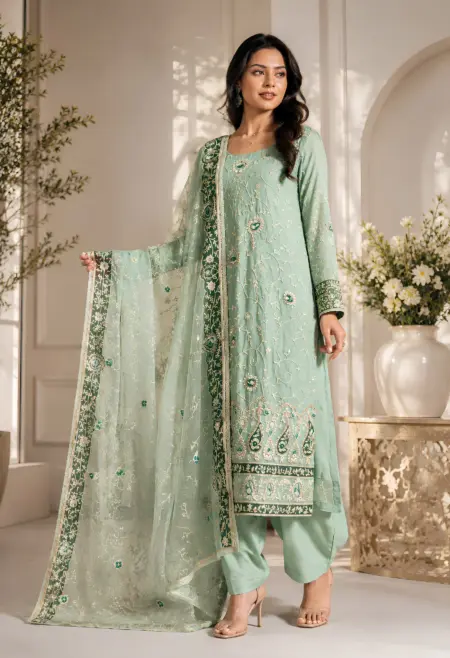 Memsaab Mint Green Embroidered Suit Set