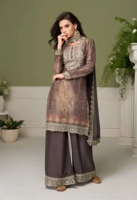 Memsaab Mocha Embroidered Chinon Sharara Set