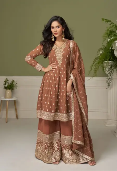 Memsaab Mocha Embroidered Georgette Sharara Set