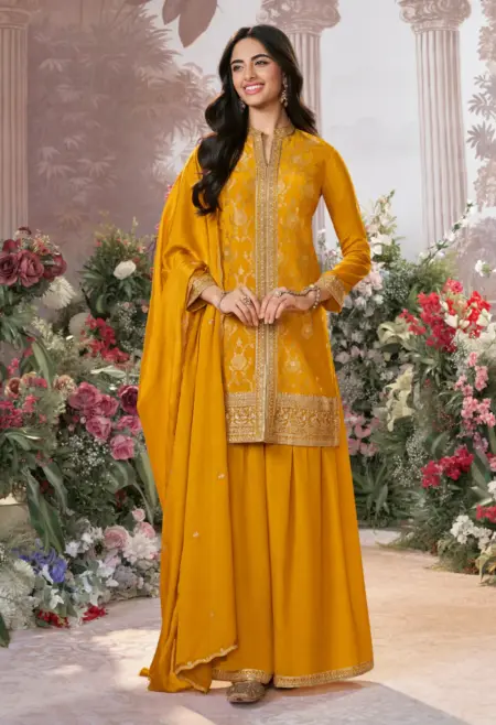 Memsaab Mustard Chinon Jacquard Kurta Set