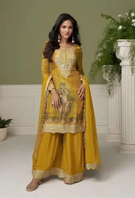 Memsaab Mustard Embroidered Chinon Sharara Set