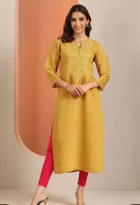 Memsaab mustard fusion silk embroidered straight kurta with paisley thread work festive wear New Zealand