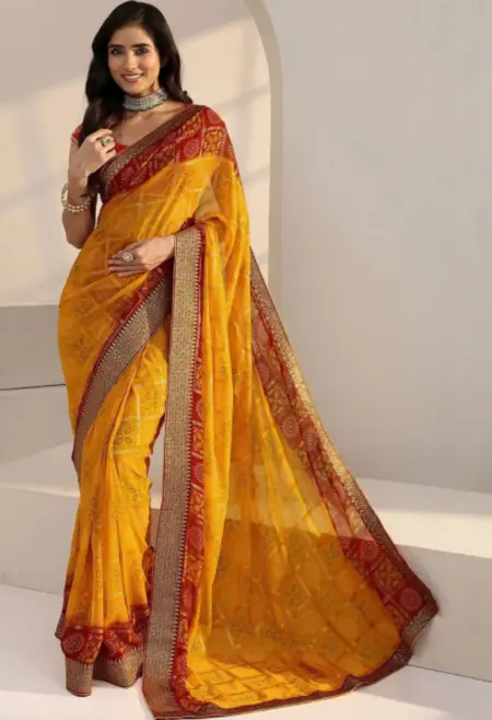 Memsaab Mustard Georgette Pre-Draped Saree