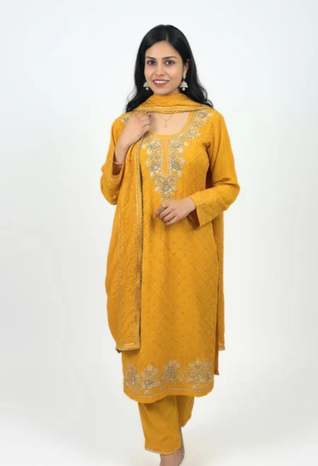Memsaab Mustard Jaal Handwork Embroidered Kurta Palazzo Set