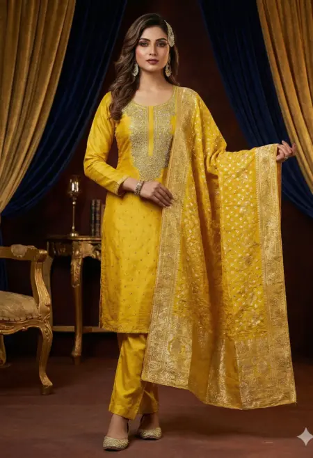 Memsaab Mustard Yellow Embroidered Crepe Suit Set