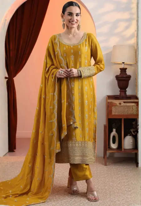 Memsaab Mustard Yellow Ethnic Embroidered Kurta Set
