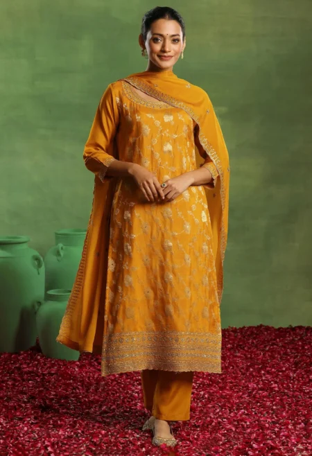 Memsaab Mustard Yellow & Gold Woven Kurta Palazzo Set