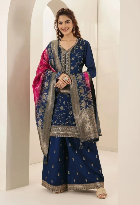 Memsaab Navy Blue Embroidered Kurta Sharara Set