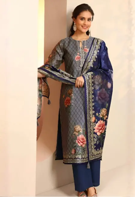Memsaab Navy Blue Floral Thread Work Kurta Set