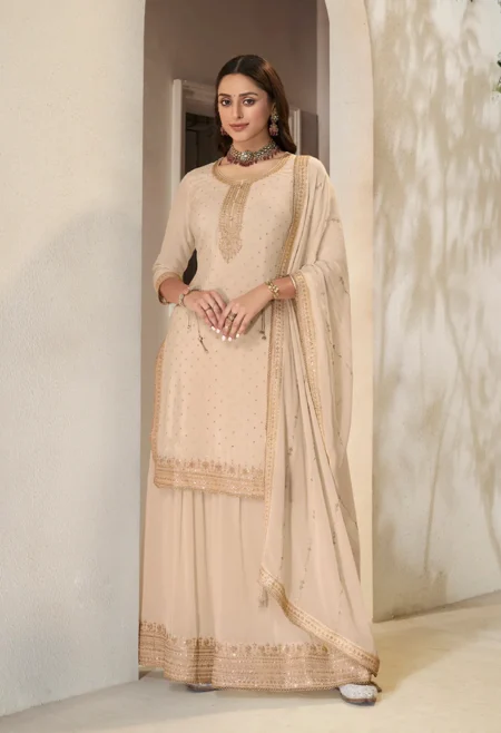 Memsaab Off White Sharara Suit NZ with sequins embroidery and scalloped chinon dupatta