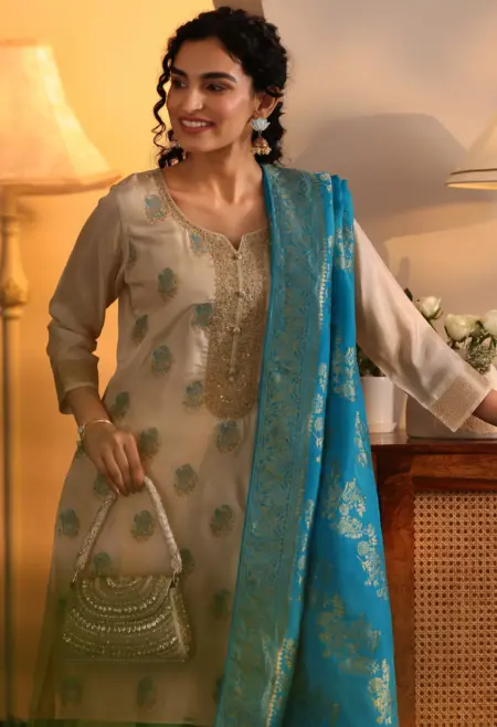 Memsaab Off White Woven Silk Blend Straight Kurta Set