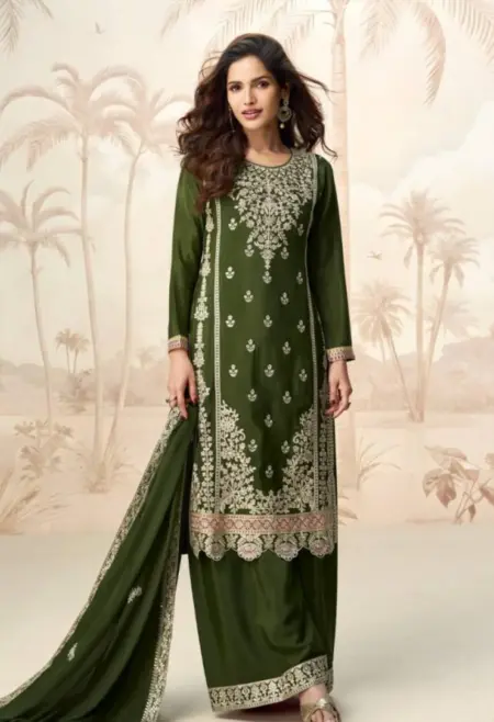 Memsaab Olive Embroidered Chinon Silk Sharara Set